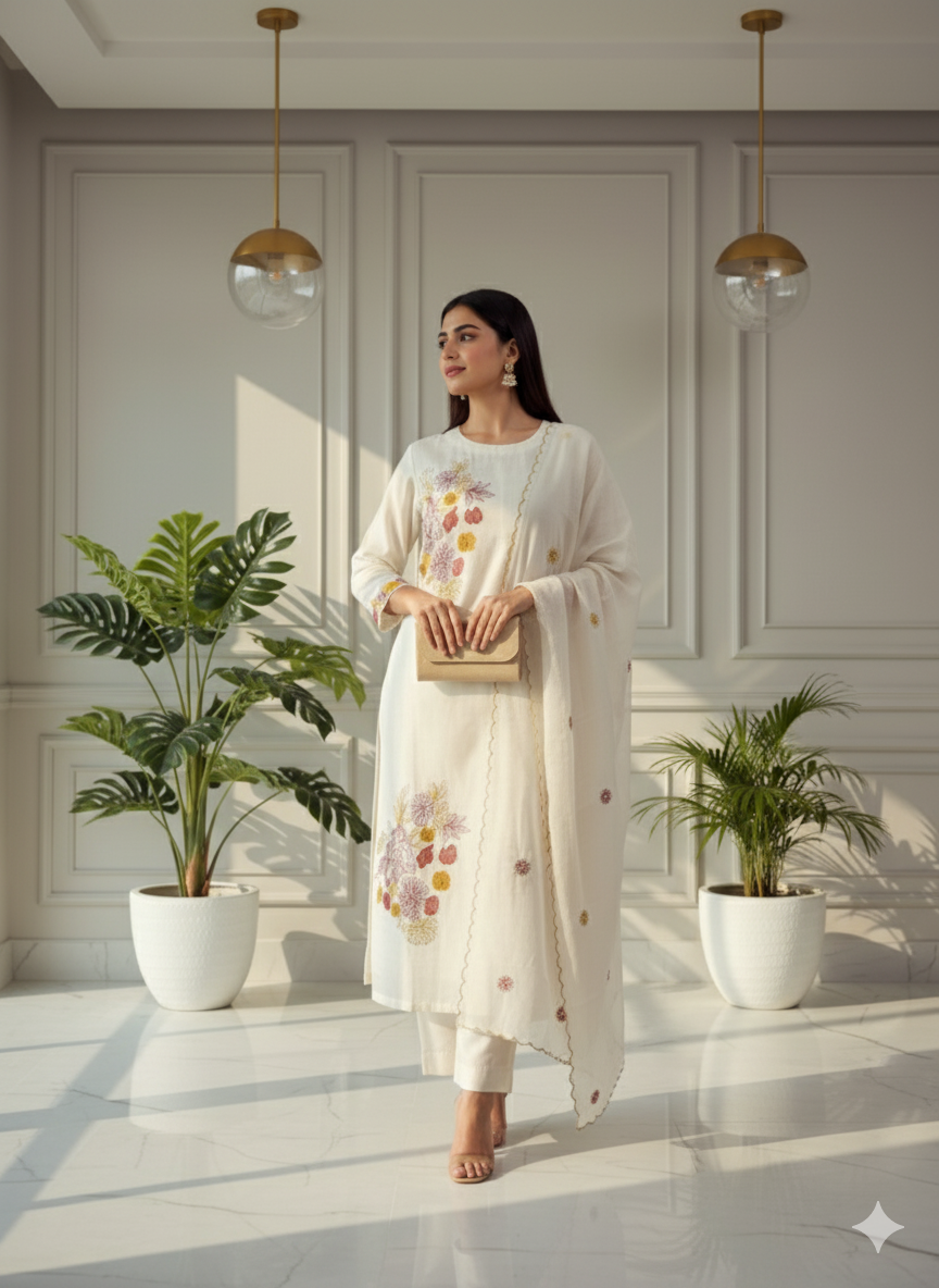 Ivory Bloom Embroidered Kurti Set with Dupatta