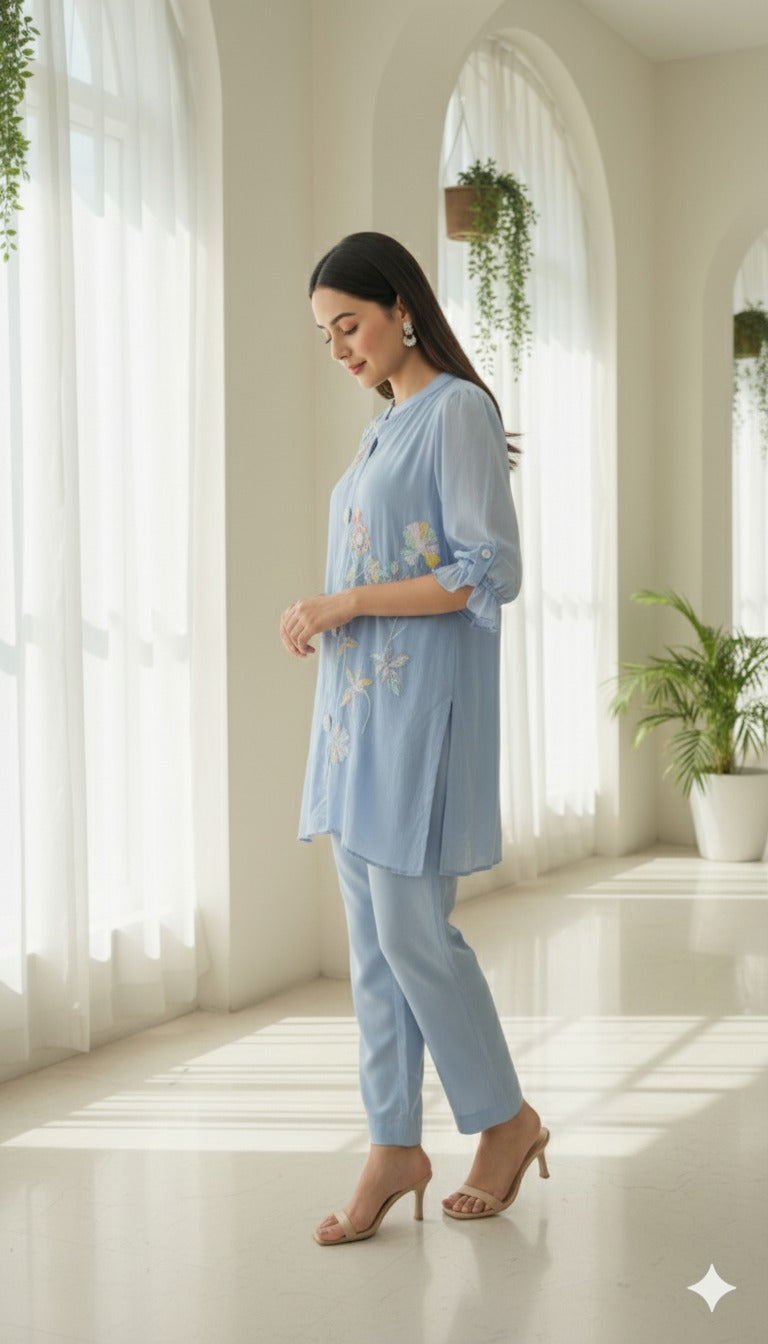Sky Bloom Premium Embroidered Cord set