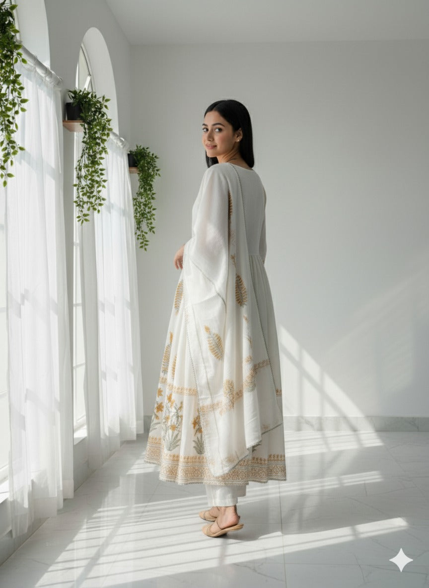 White Floral Anarkali Set