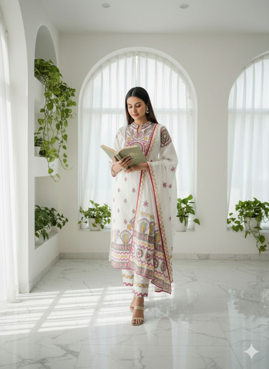 White Cotton Embroidered Kurta