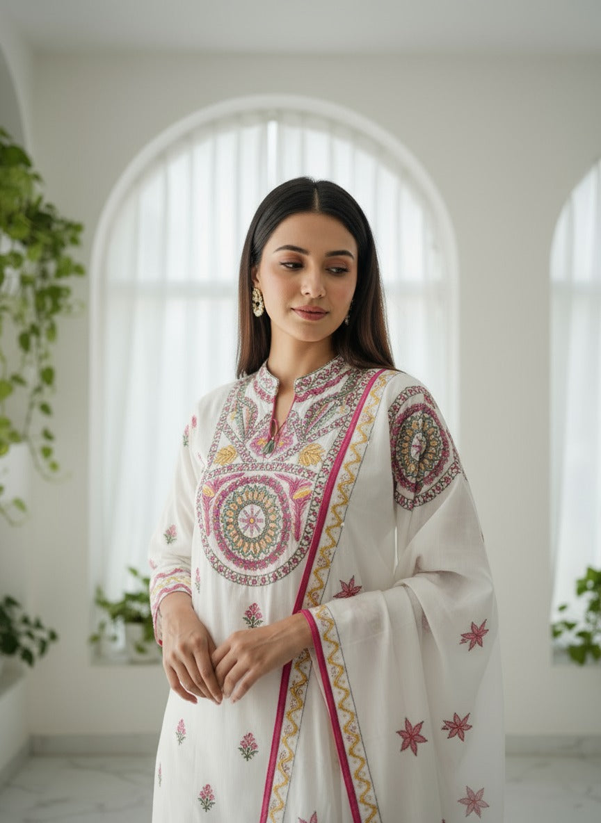 White Cotton Embroidered Kurta