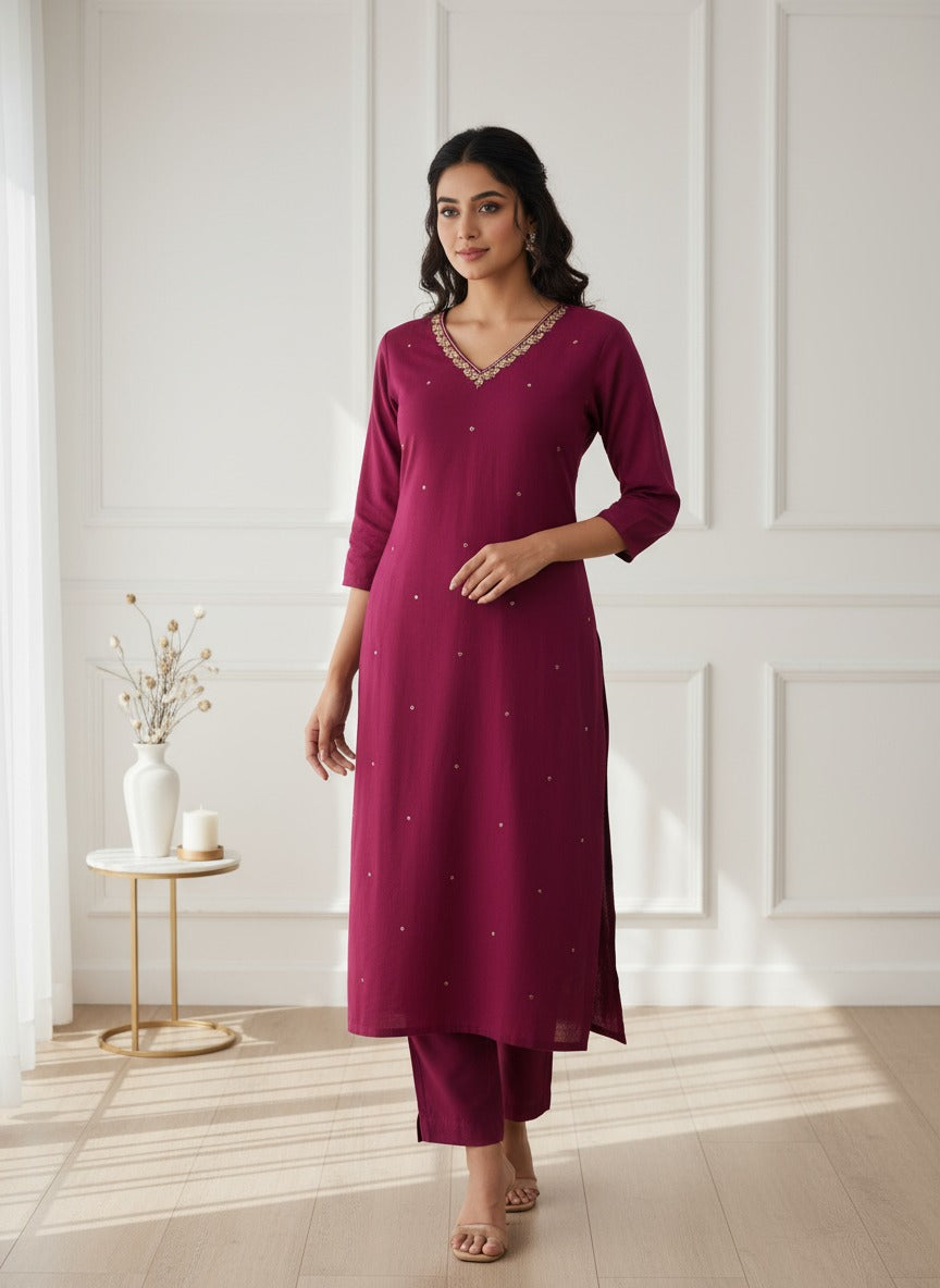 Wine Red Embroidered Kurta Pant