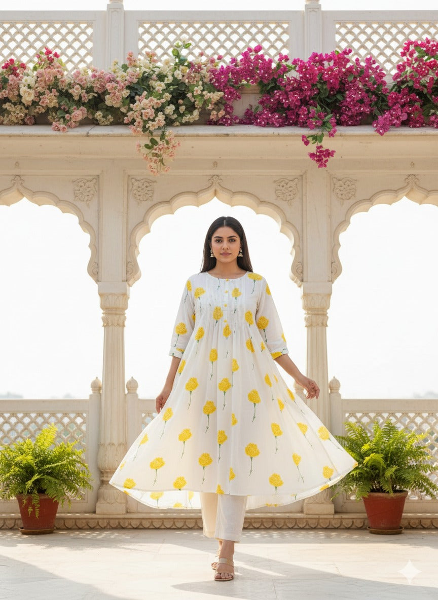 White Yellow Flower Kurta Set Mul cotton