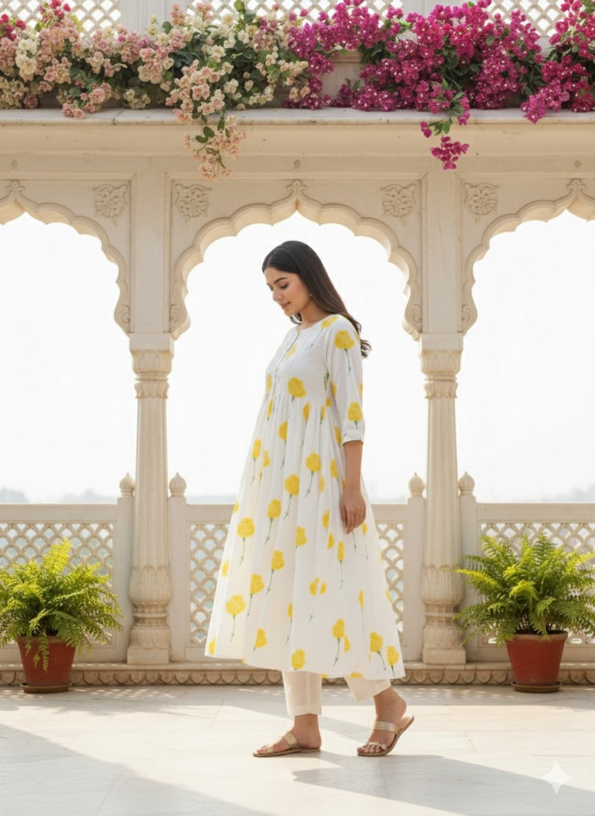 White Yellow Flower Kurta Set Mul cotton