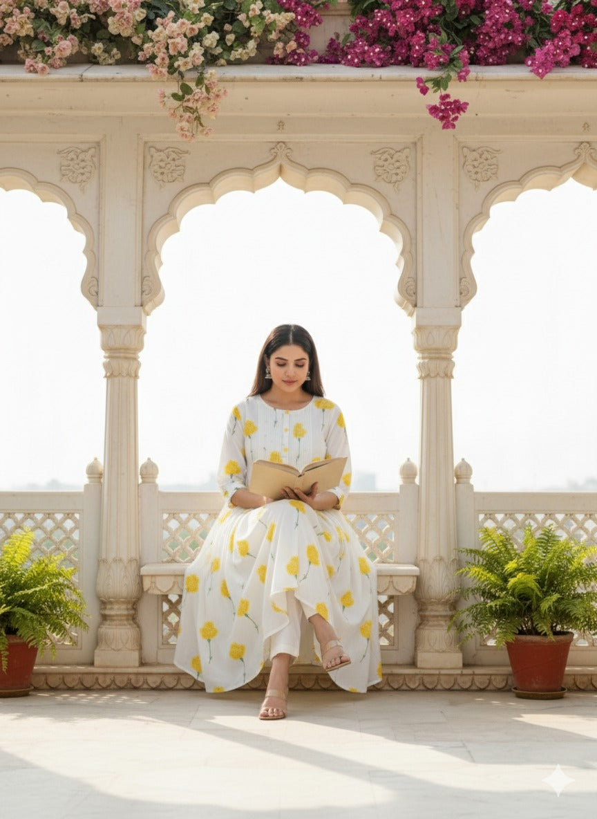 White Yellow Flower Kurta Set Mul cotton