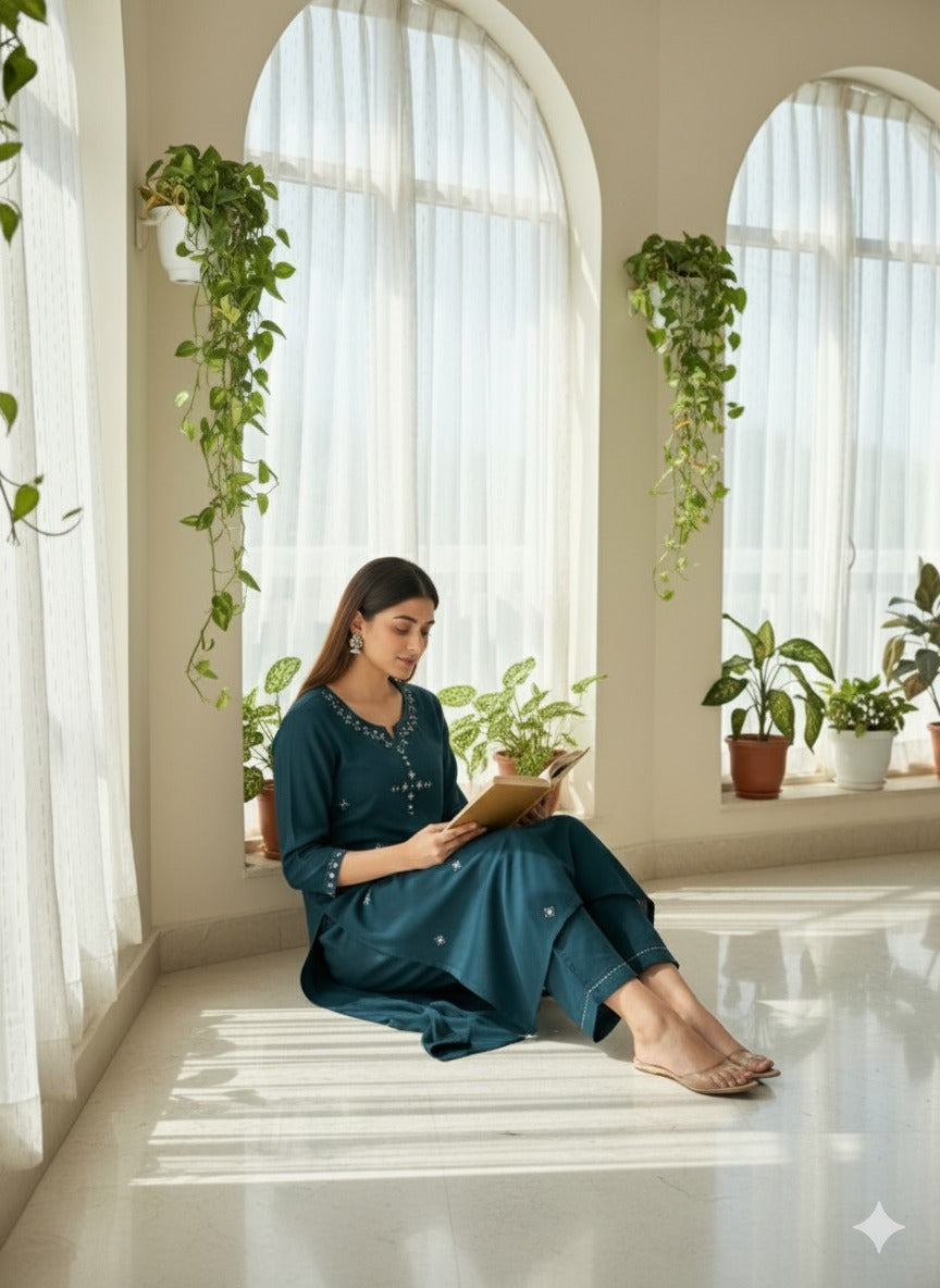 Teal Blue Kurta Pant with Mirror Work