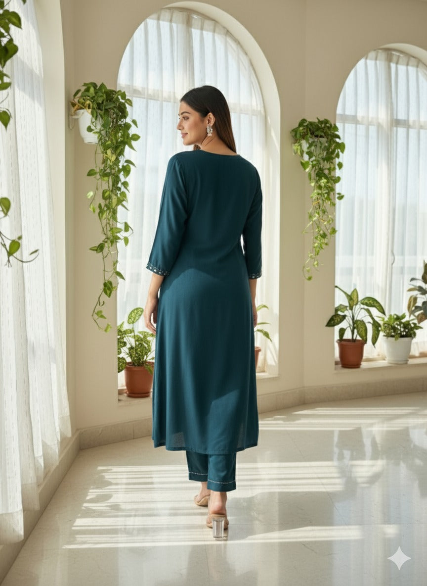 Teal Blue Kurta Pant with Mirror Work