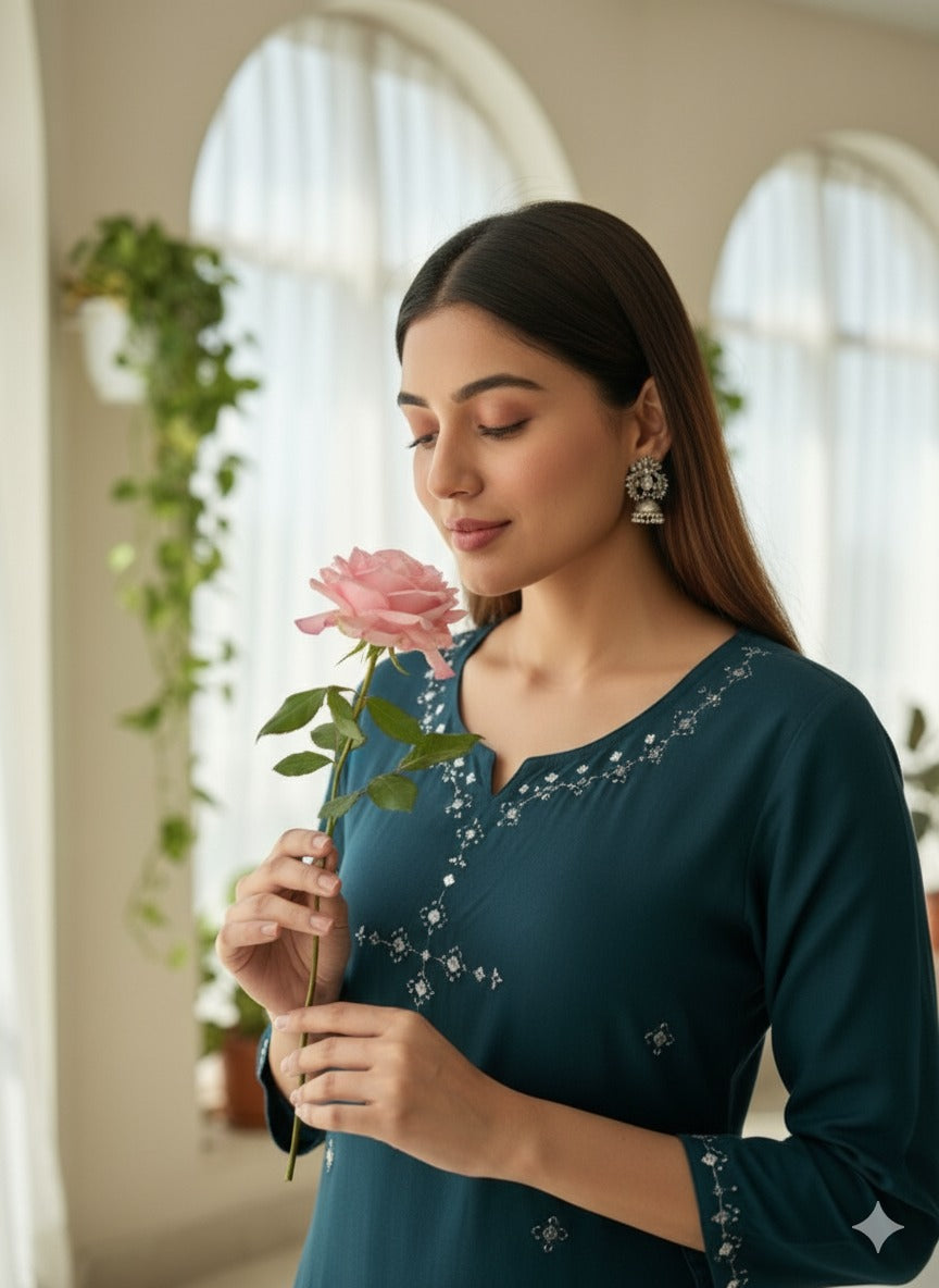Teal Blue Kurta Pant with Mirror Work