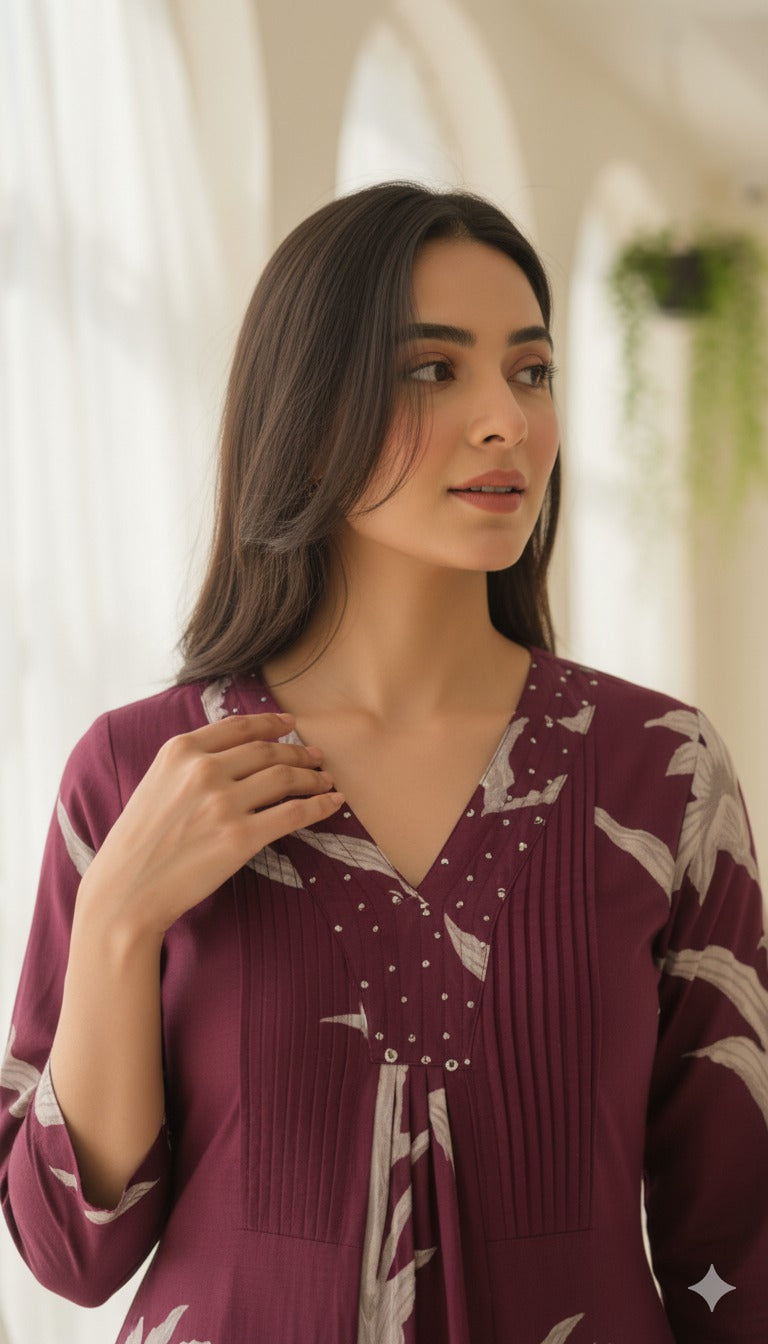 Wine Maroon Floral Printed Kurta Set