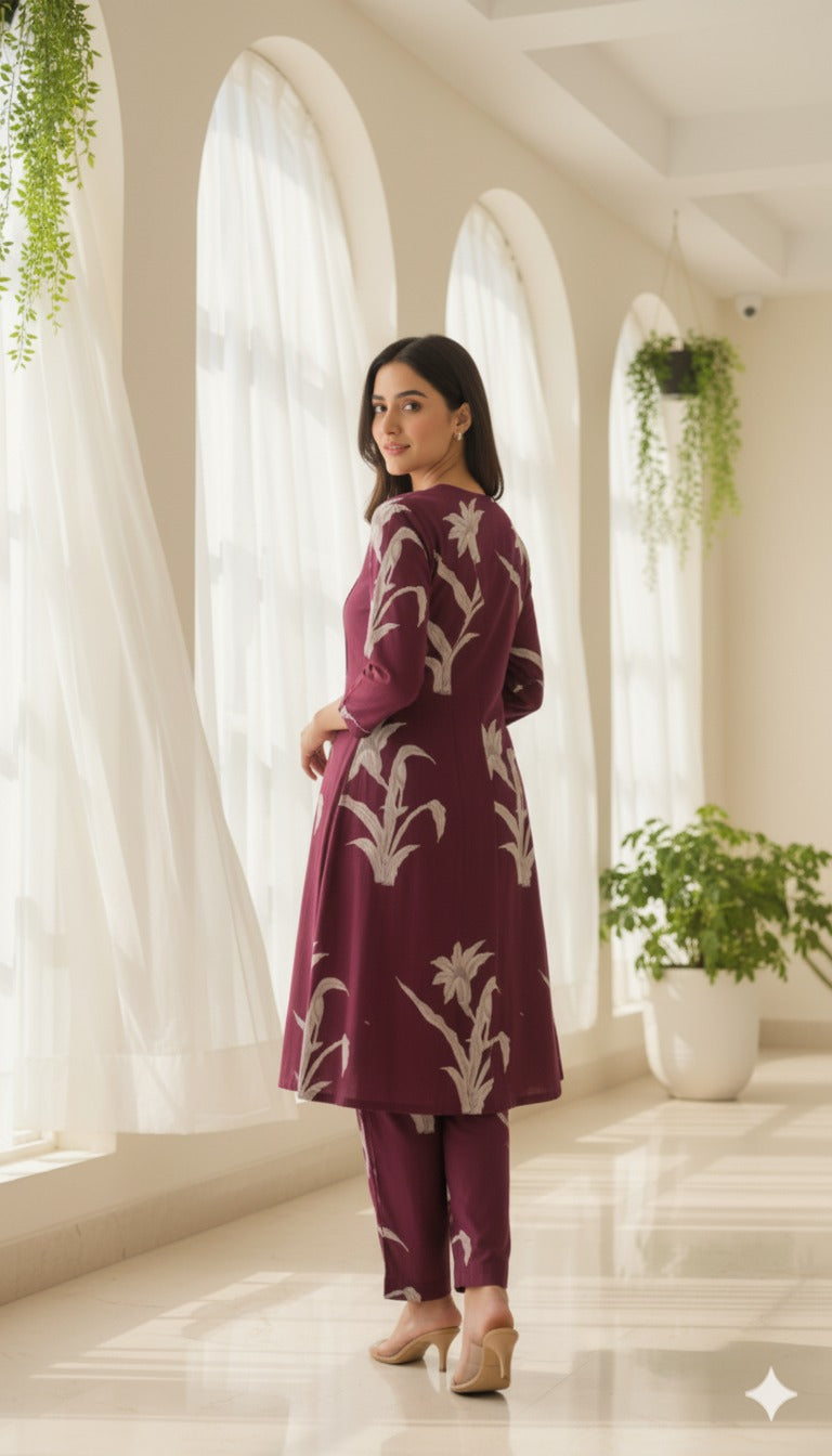 Wine Maroon Floral Printed Kurta Set