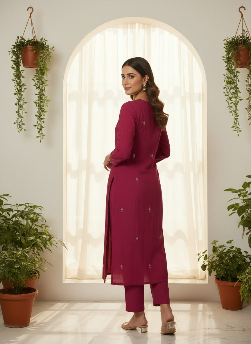 Wine Red Kurta with Golden Embroidery & Button Detailing Kurta Pant
