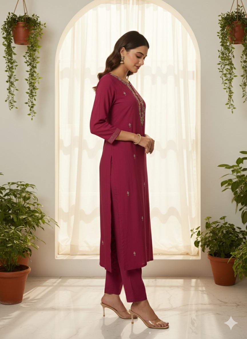 Wine Red Embroidered Kurta Pant