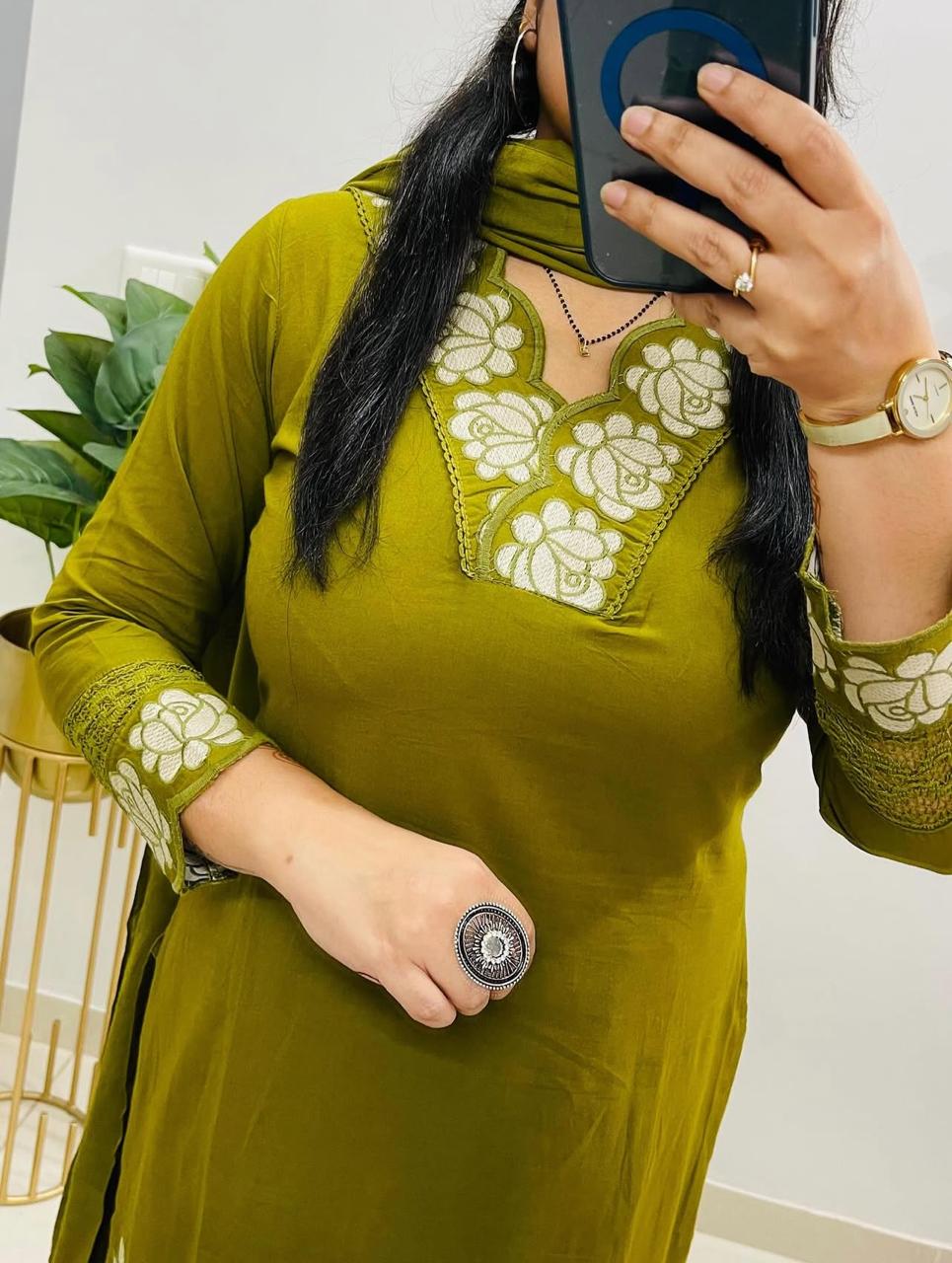 Olive Green Floral Embroidered Cotton Suit Set with Dupatta