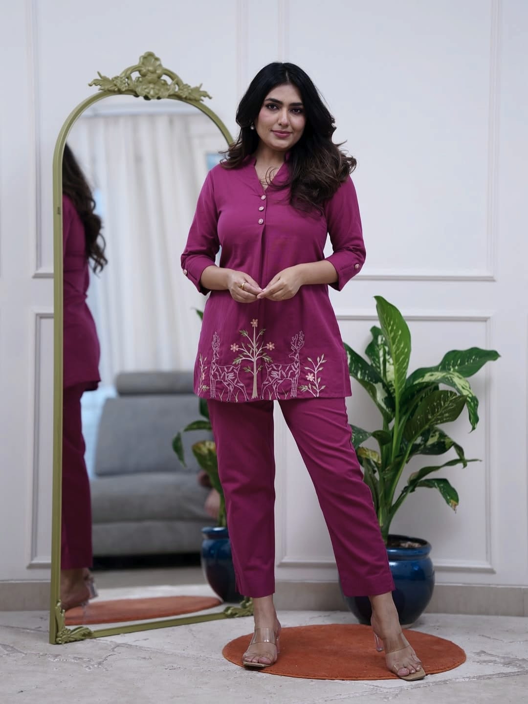 Teal Blue Floral Embroidered Cotton Kurta Set