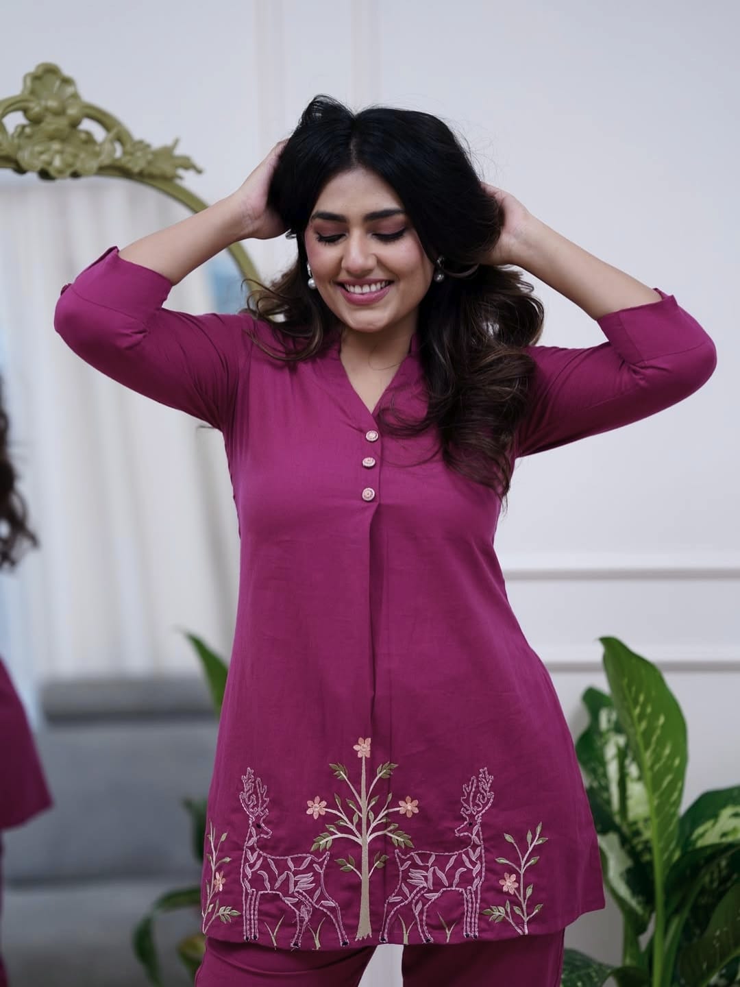Teal Blue Floral Embroidered Cotton Kurta Set