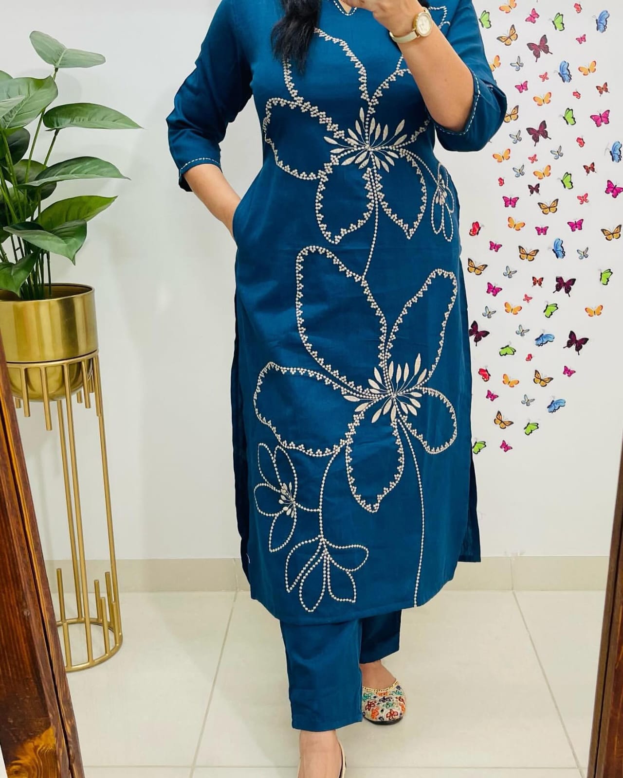 Teal Blue Cotton Kurta Pant Set with Bold Floral Embroidery