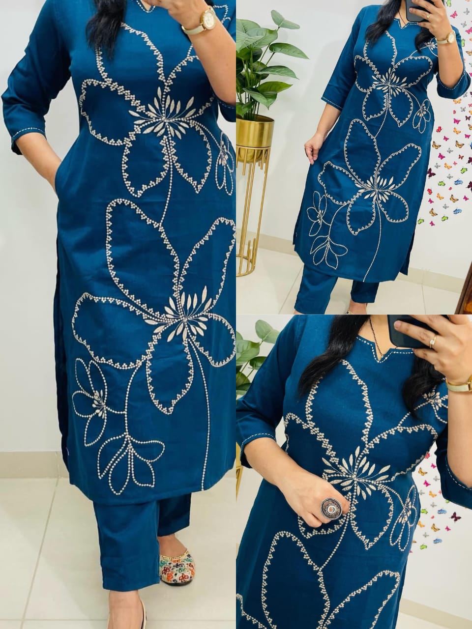 Teal Blue Cotton Kurta Pant Set with Bold Floral Embroidery