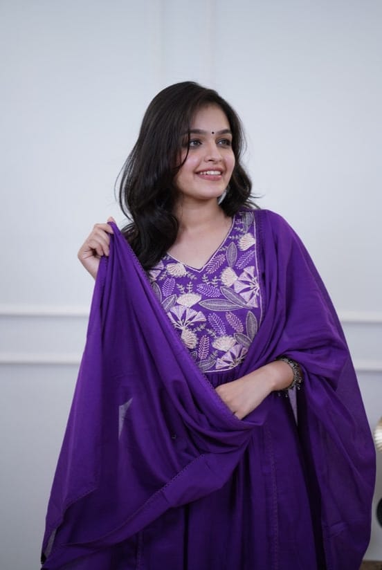 Royal Purple Embroidered Kurta Pant Dupatta Set