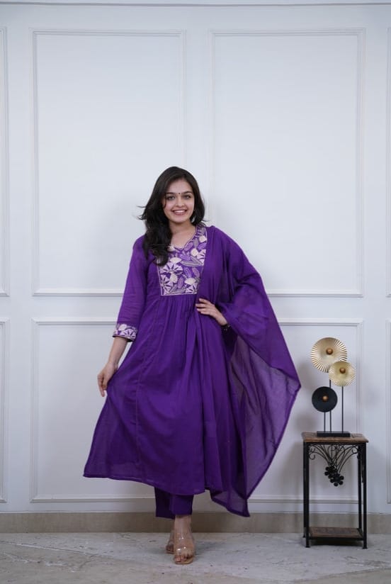 Royal Purple Embroidered Kurta Pant Dupatta Set