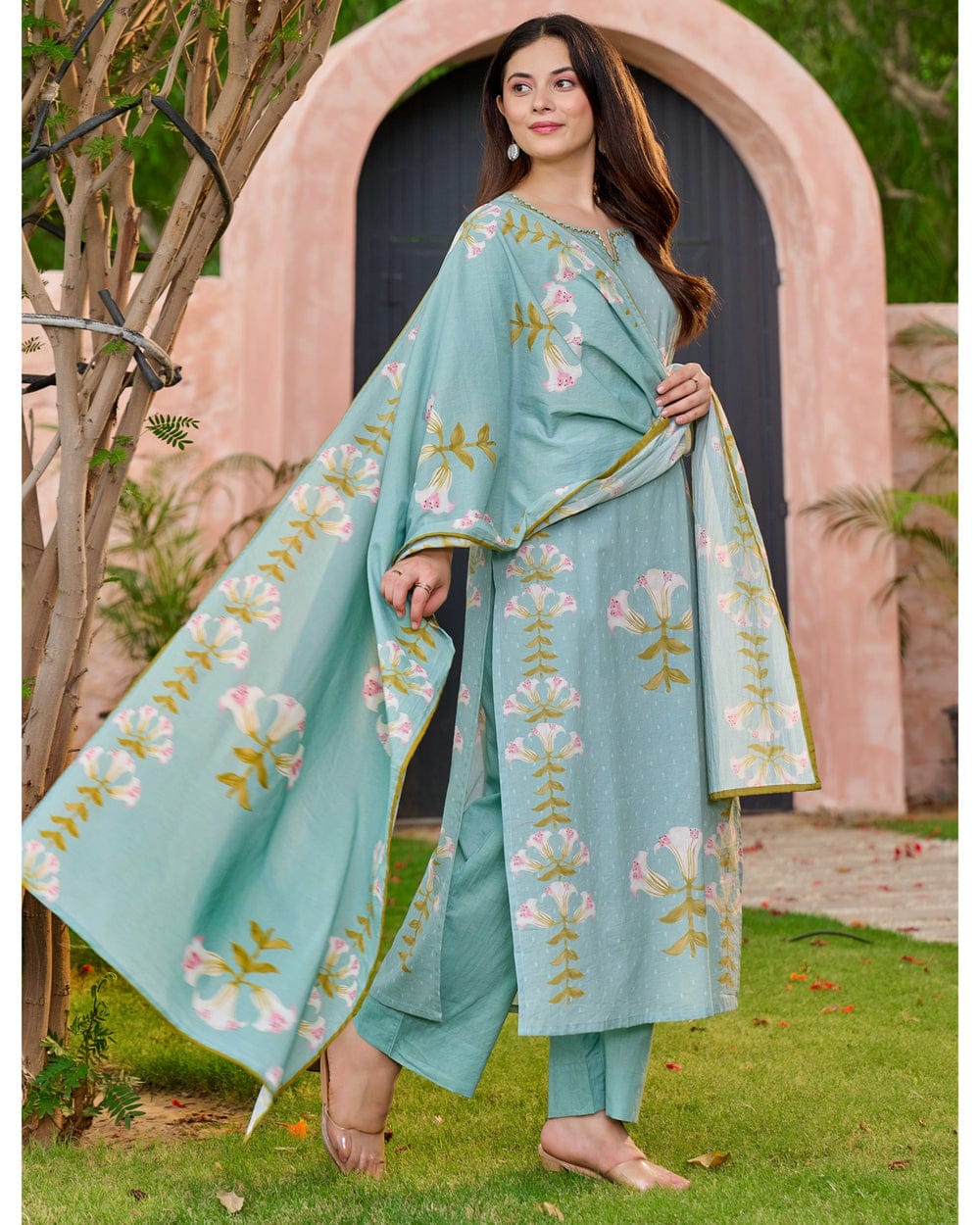 Soft Green Floral Three-Piece Suit Set
