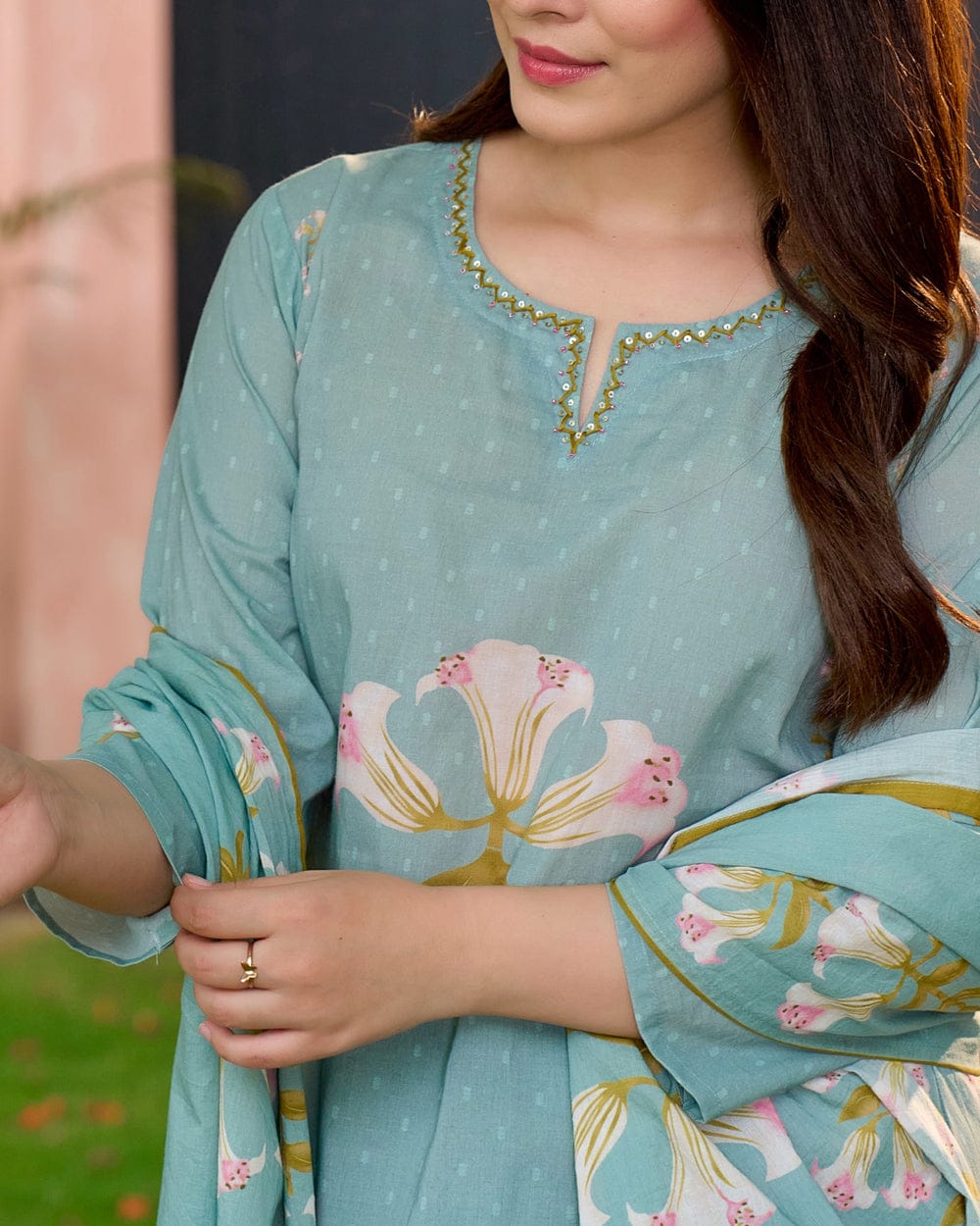 Soft Green Floral Three-Piece Suit Set