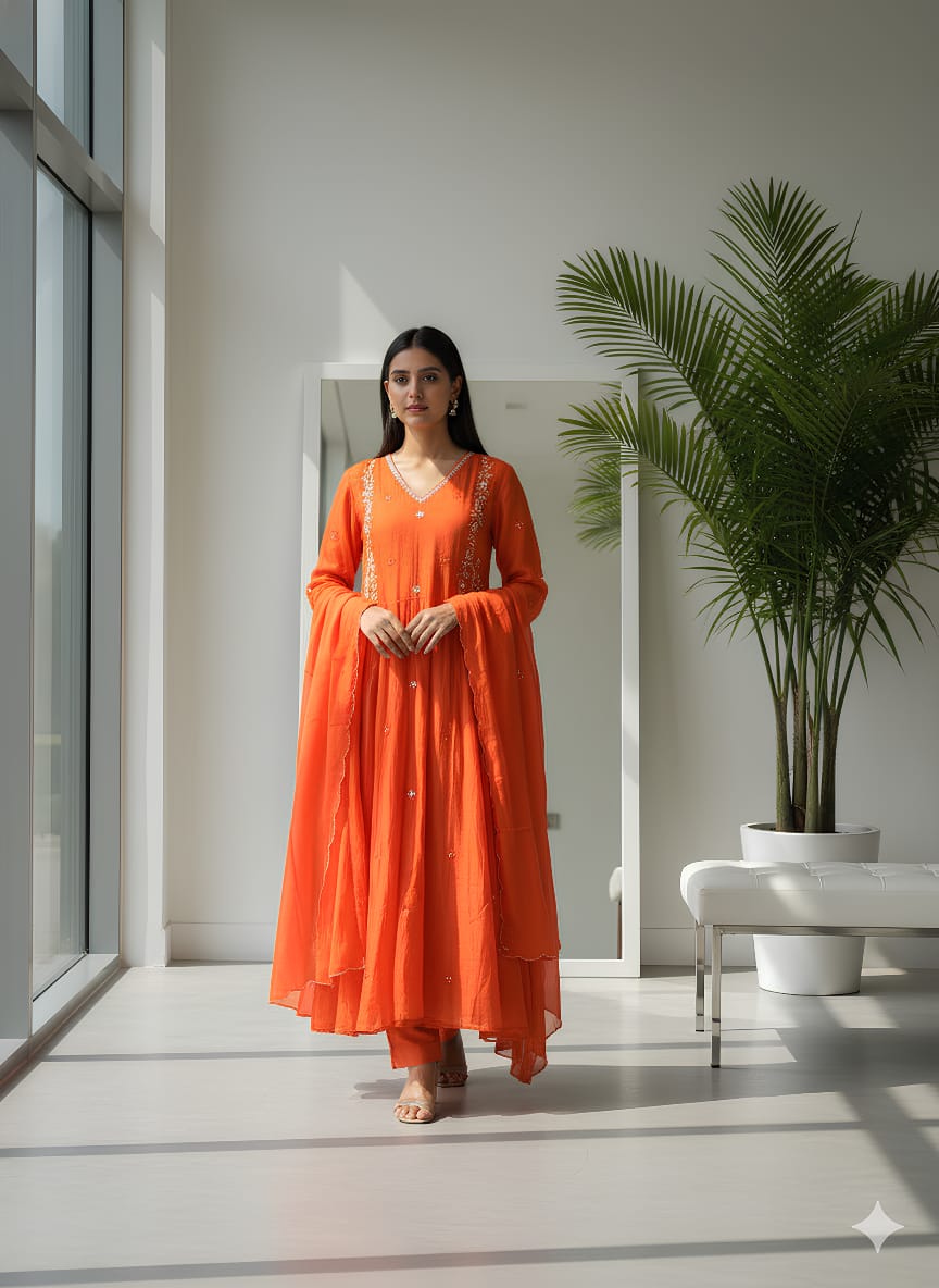 Embroidered Flared Anarkali Set in Vibrant Orange