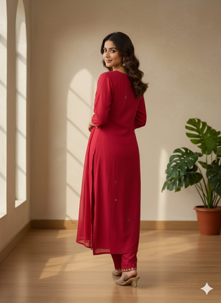 Embroidered Straight Kurta Set in Deep Rani Pink