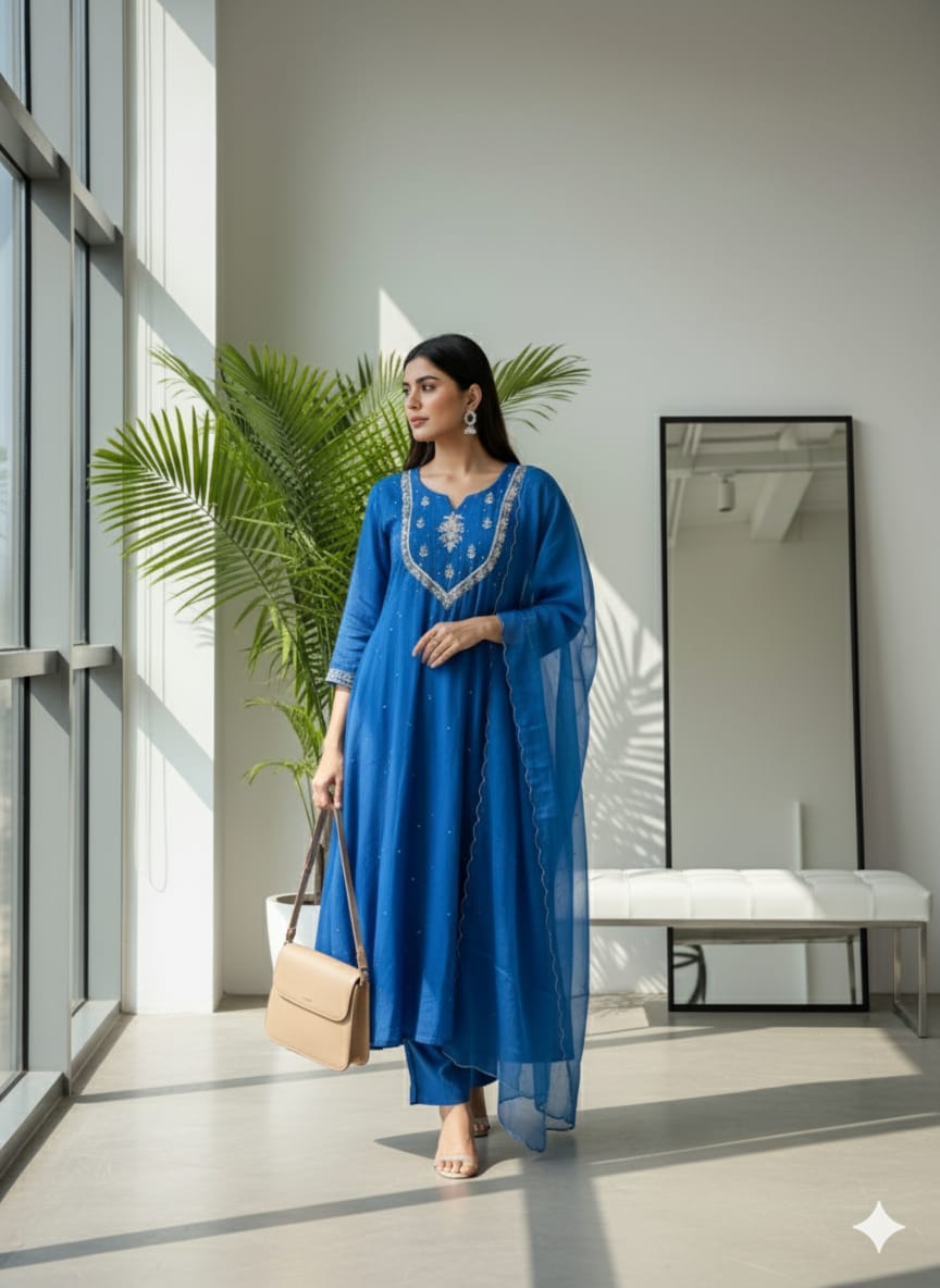 Blue Mul chanderi Kurta pant With Dupatta