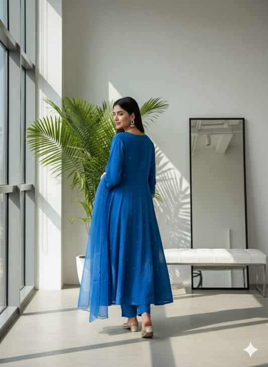 Blue Mul chanderi Kurta pant With Dupatta