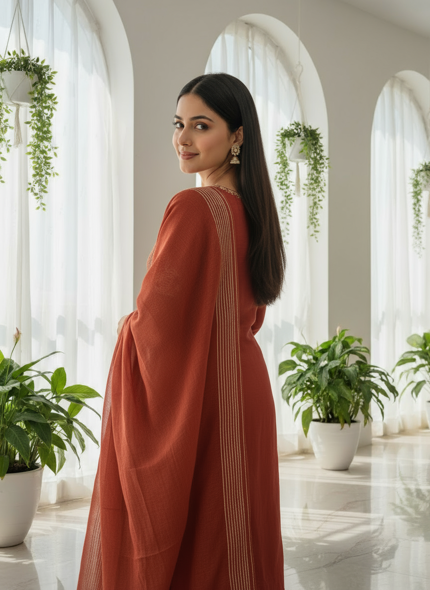 Rust Elegance Embroidered Kurti Set