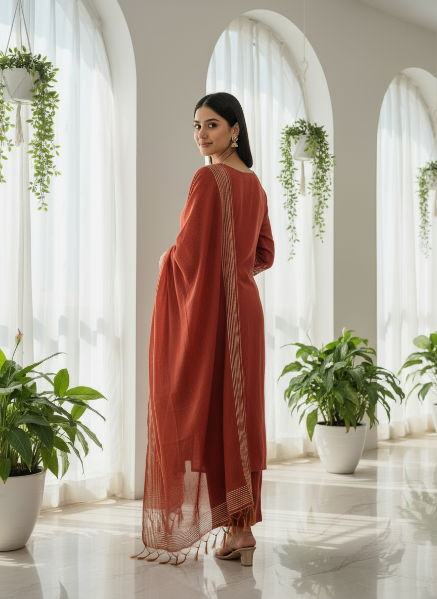 Rust Elegance Embroidered Kurti Set