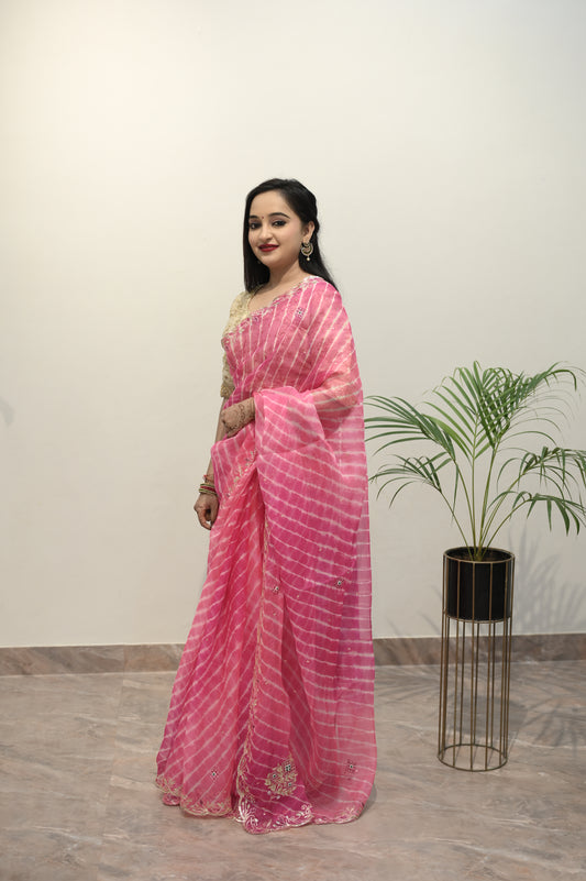 Pink leheriya Bandhani Saree