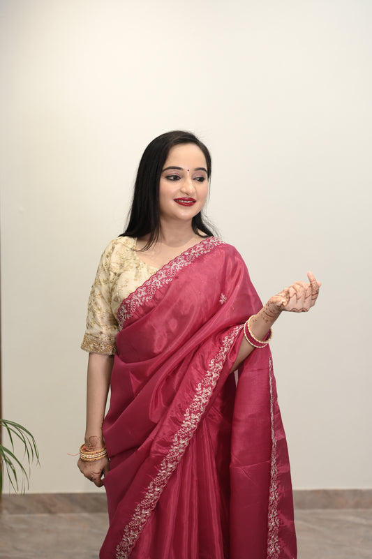 Crimson Bloom Embroidered Saree
