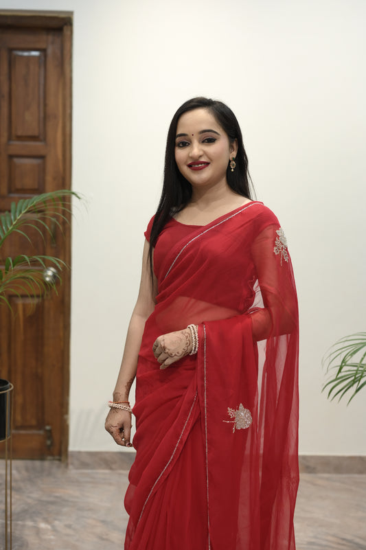Crimson Glow Embroidered Red Saree