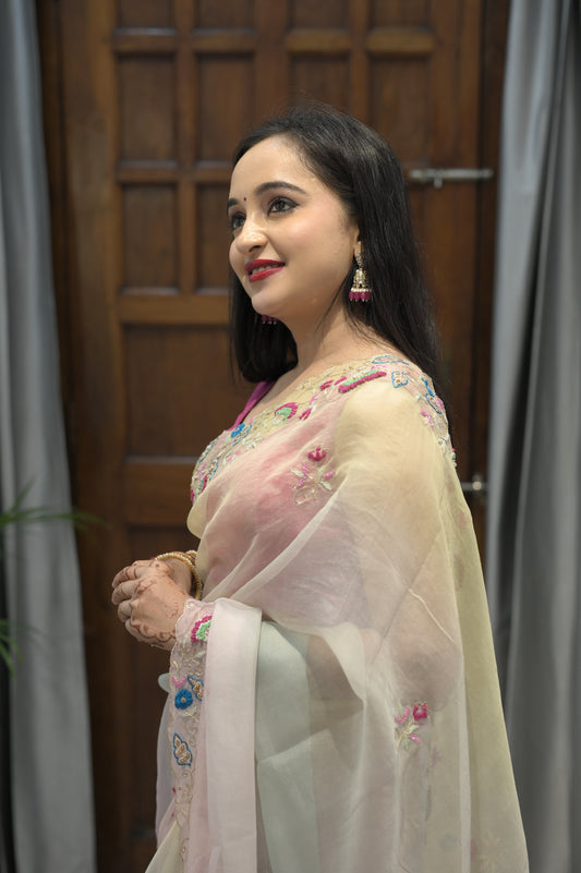 Ethereal Blossom Hand-Embroidered Organza Saree