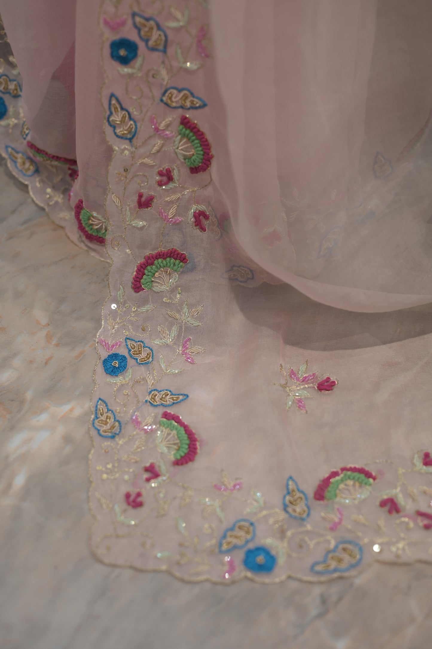 Ethereal Blossom Hand-Embroidered Organza Saree