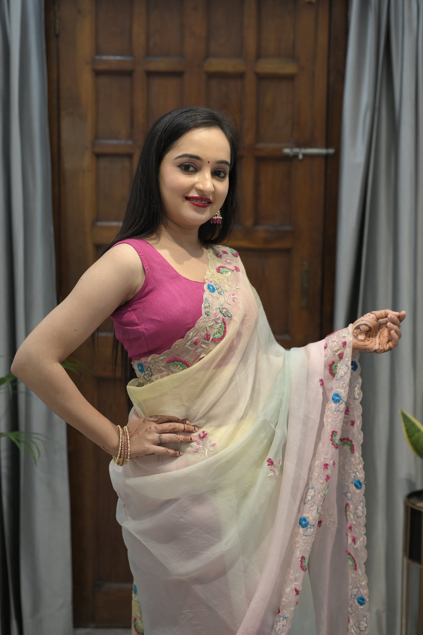 Ethereal Blossom Hand-Embroidered Organza Saree