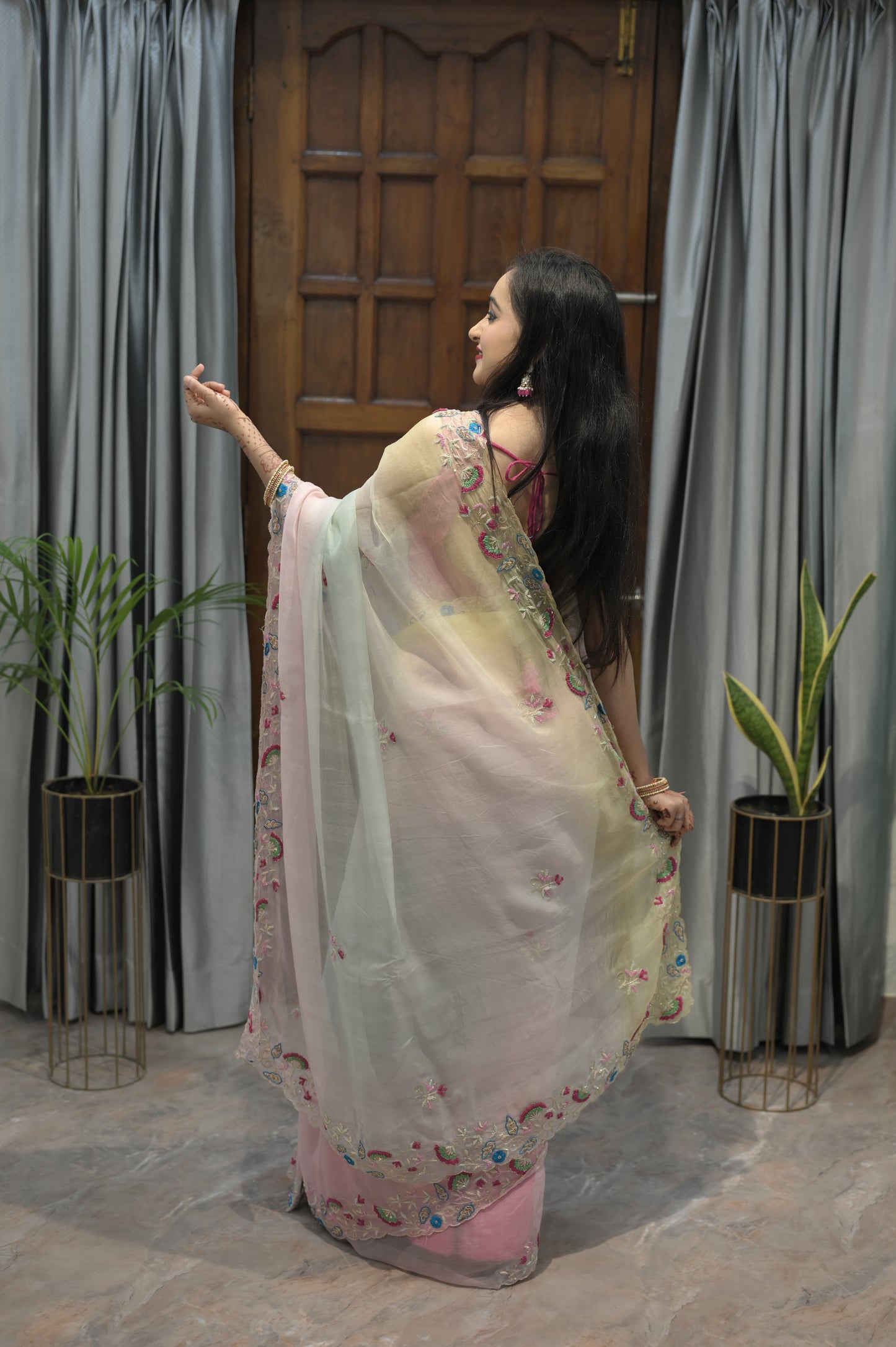 Ethereal Blossom Hand-Embroidered Organza Saree