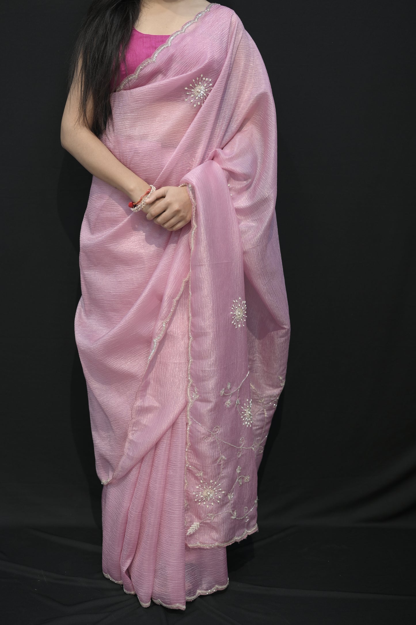 Elegant Blossom Pink Organza Saree with Subtle Embroidery
