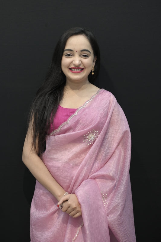 Elegant Blossom Pink Organza Saree with Subtle Embroidery