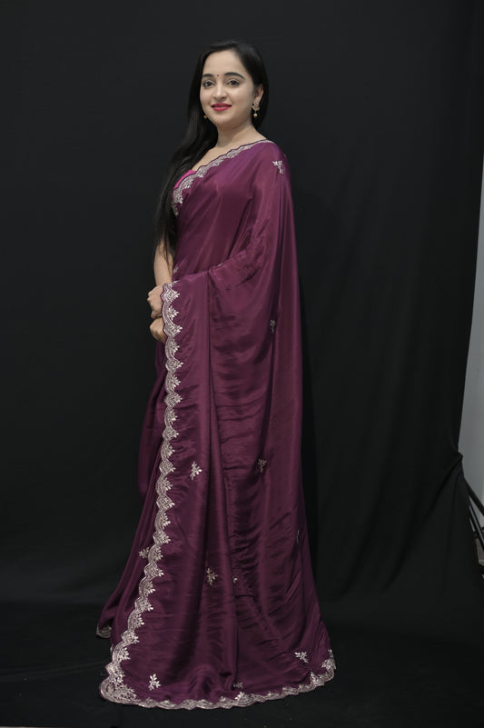 Royal Plum Satin Saree with Embroidered Border
