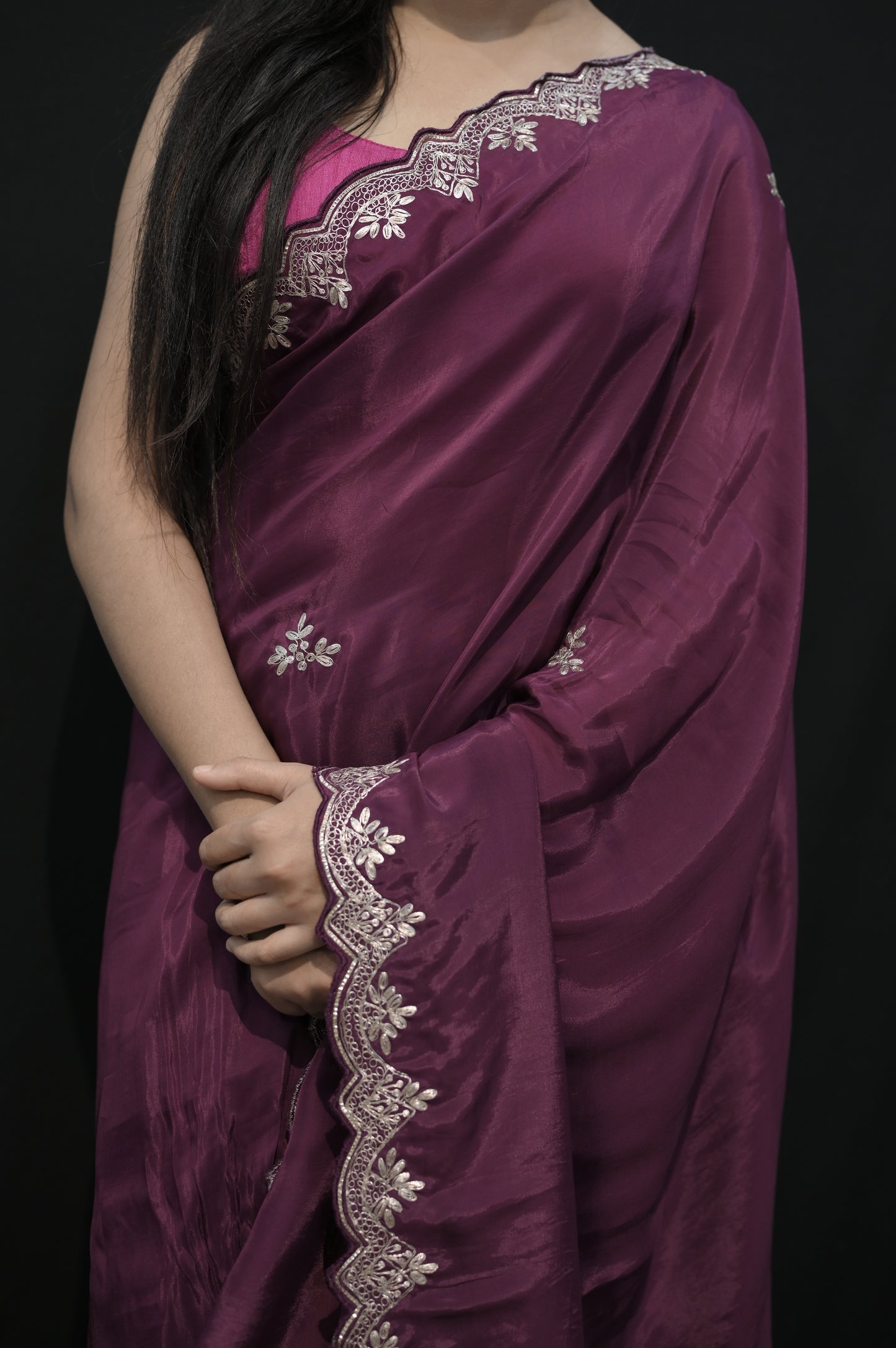 Royal Plum Satin Saree with Embroidered Border