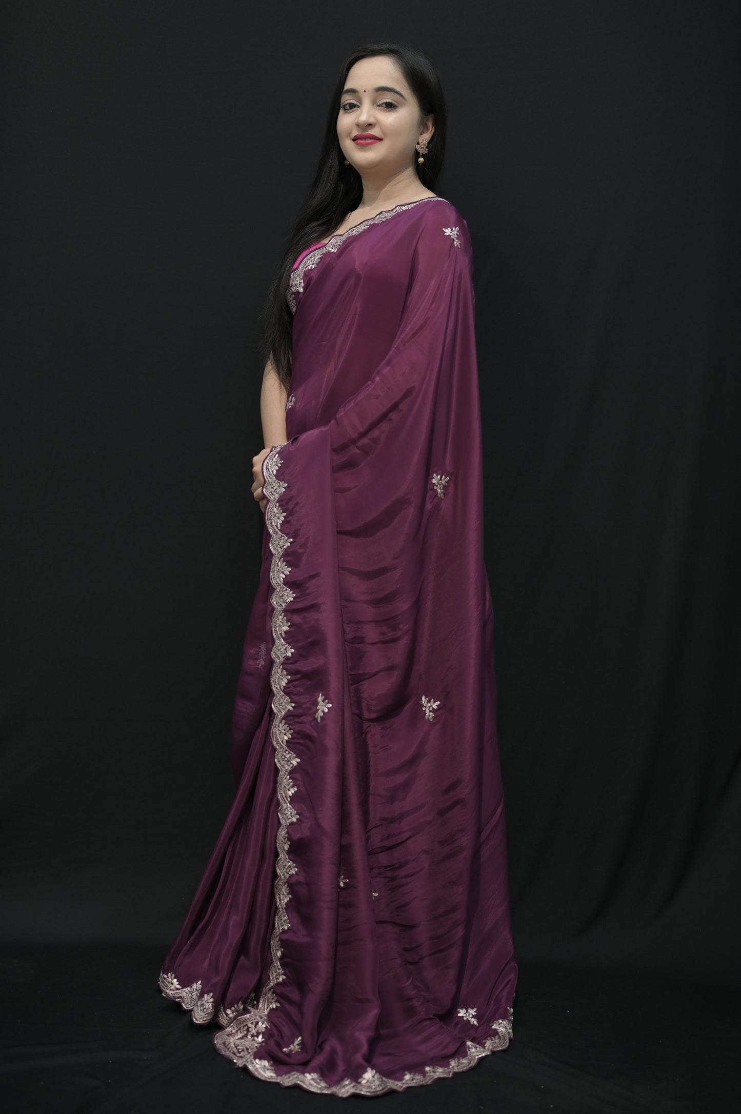 Royal Plum Satin Saree with Embroidered Border