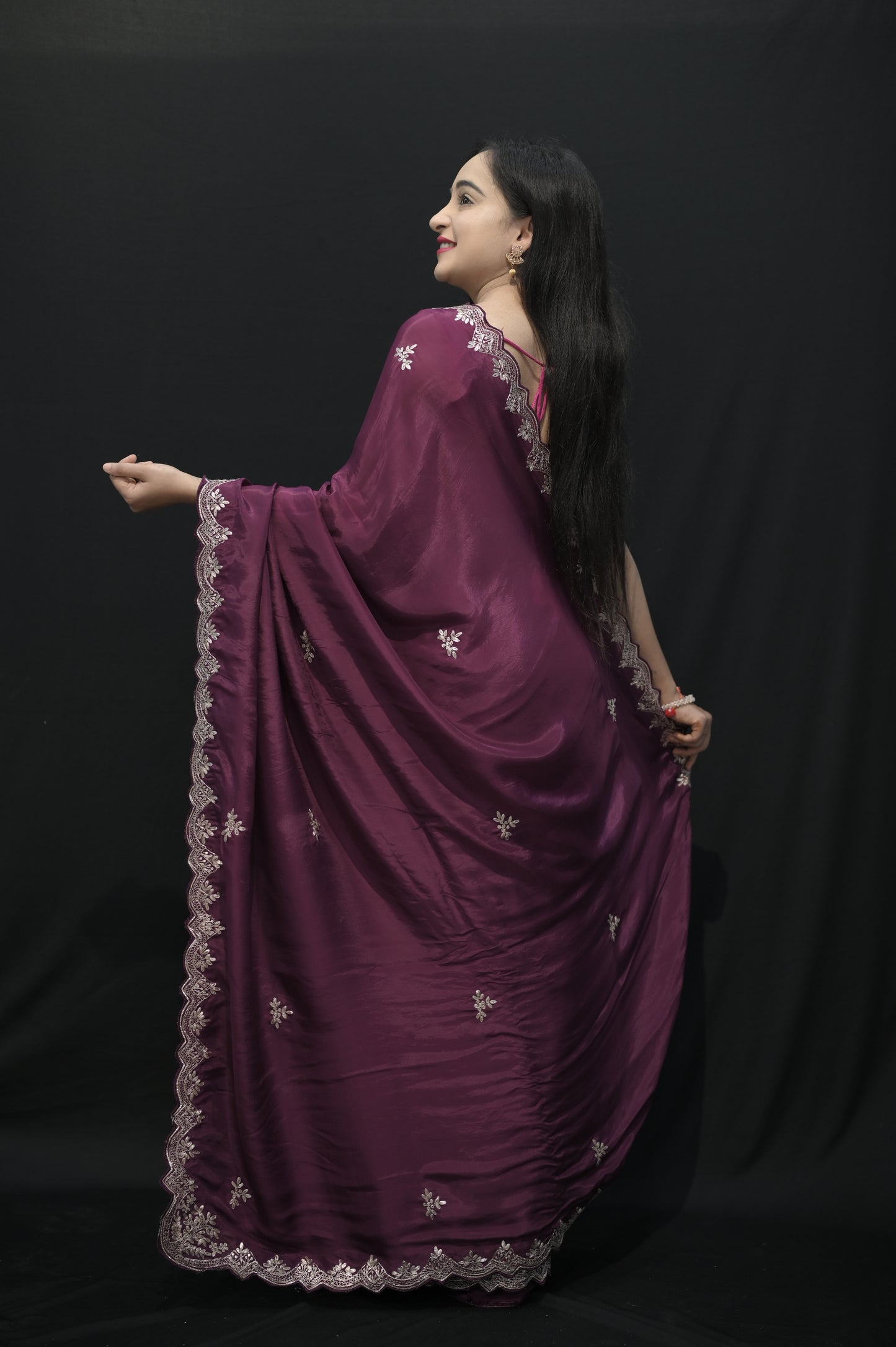 Royal Plum Satin Saree with Embroidered Border