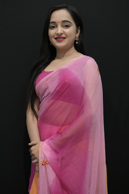 Ombre Pink & Peach Georgette Saree with Subtle Embroidery
