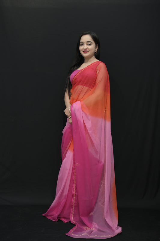 Sunset Ombre Chiffon Saree in Pink & Orange