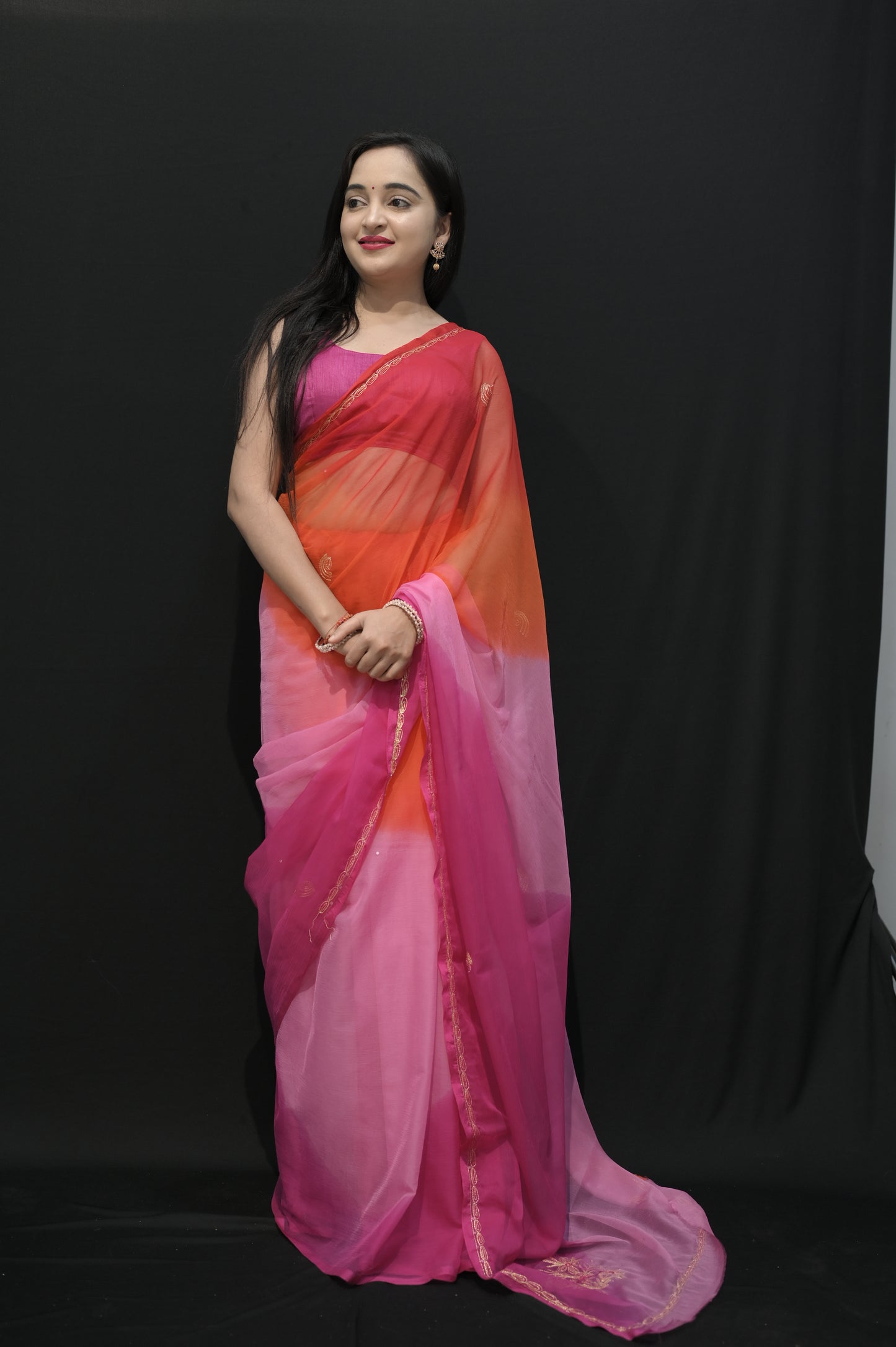 Sunset Ombre Chiffon Saree in Pink & Orange