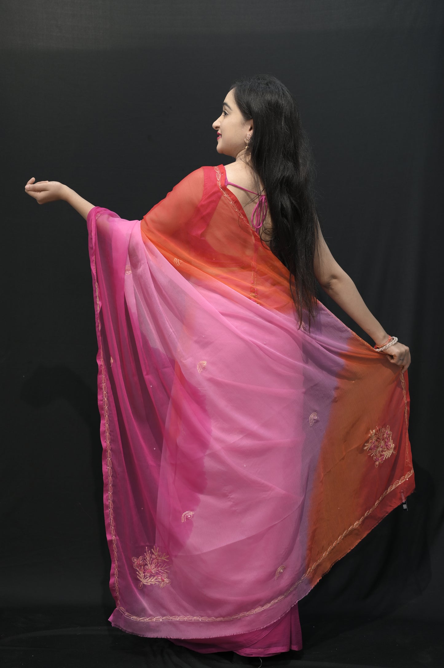 Sunset Ombre Chiffon Saree in Pink & Orange
