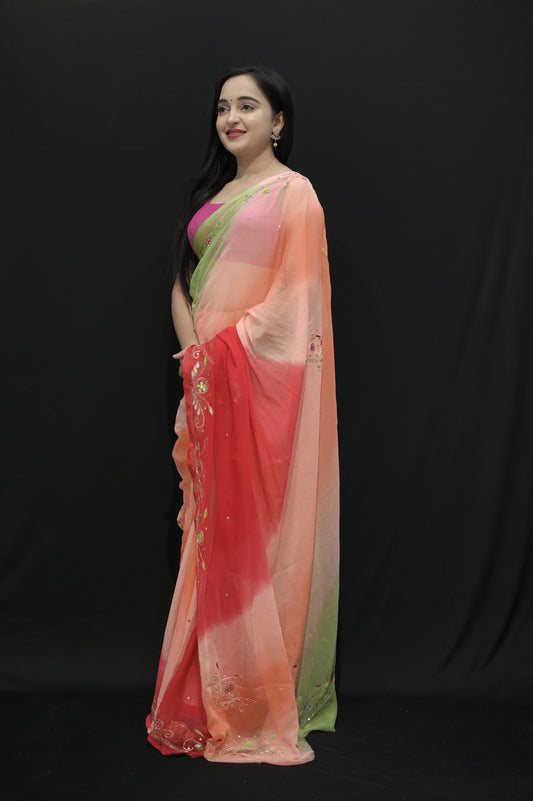 Multi-Color Ombre Georgette Saree with Embroidered Detailing