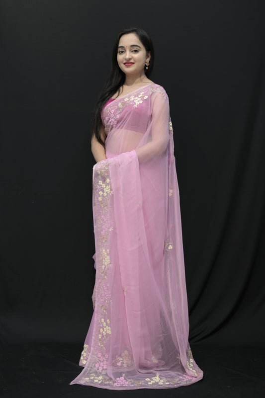 Blush Pink Net Saree with Floral Embroidery